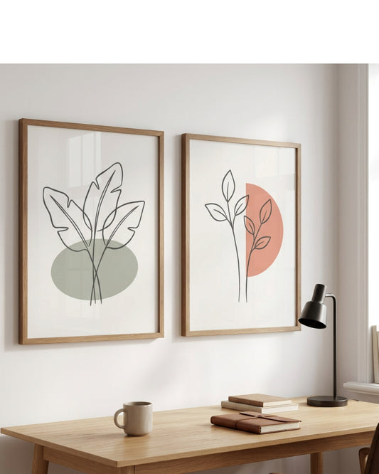 Purelao Botanical Line Art Framed Wall Print Set of 2 50 x 70 cm Walnut - Lifestyle view
