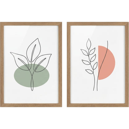 Purelao Botanical Line Art Framed Wall Print Set of 2 50 x 70 cm Walnut - Product view