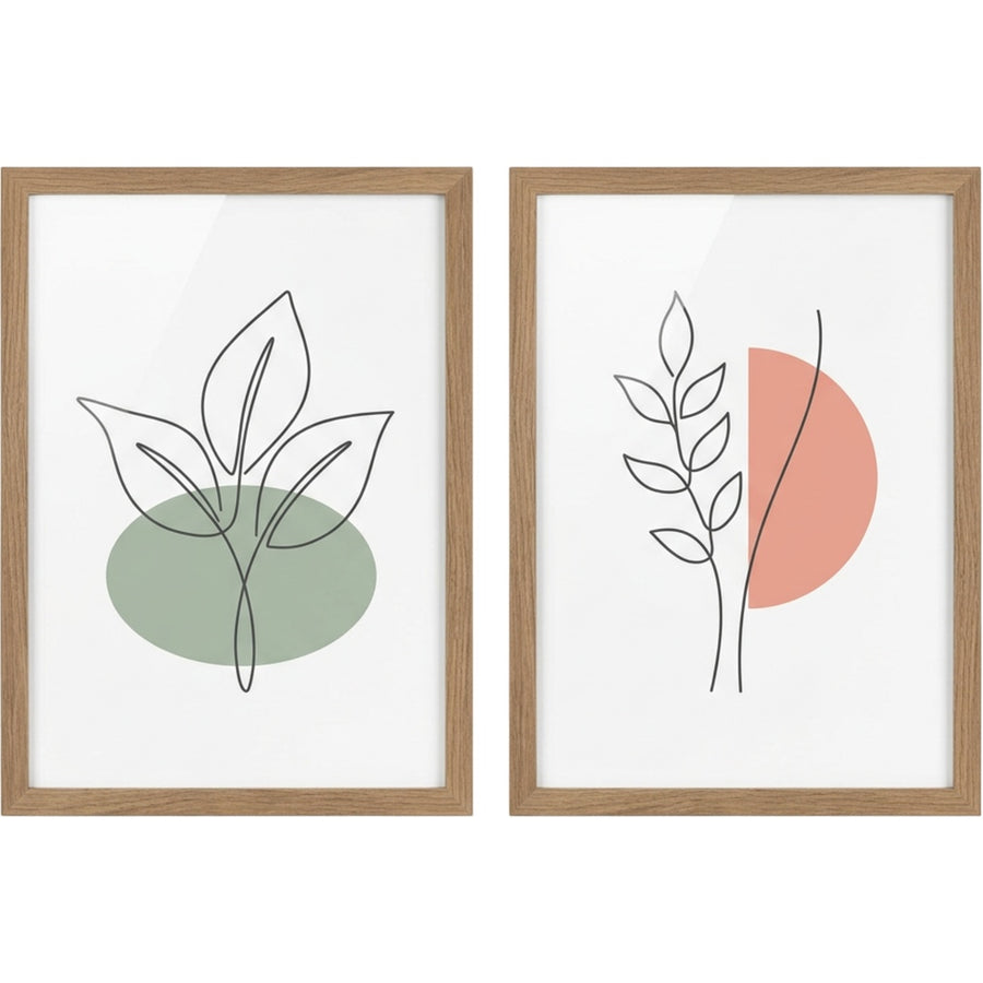 Purelao Botanical Line Art Framed Wall Print Set of 2 50 x 70 cm Walnut